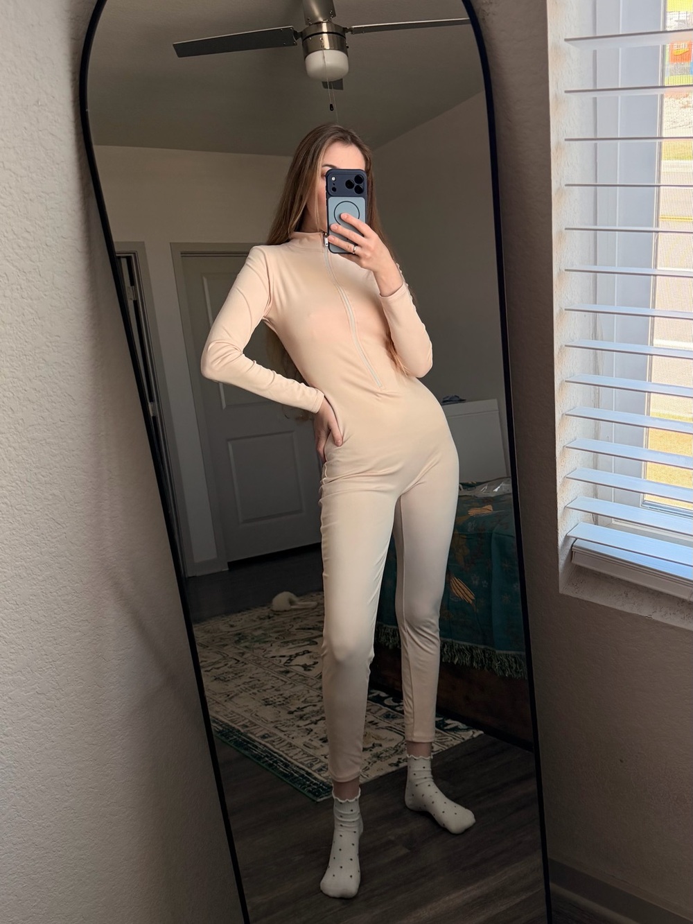 Women’s Cream Long-Sleeve Fitted Jumpsuit